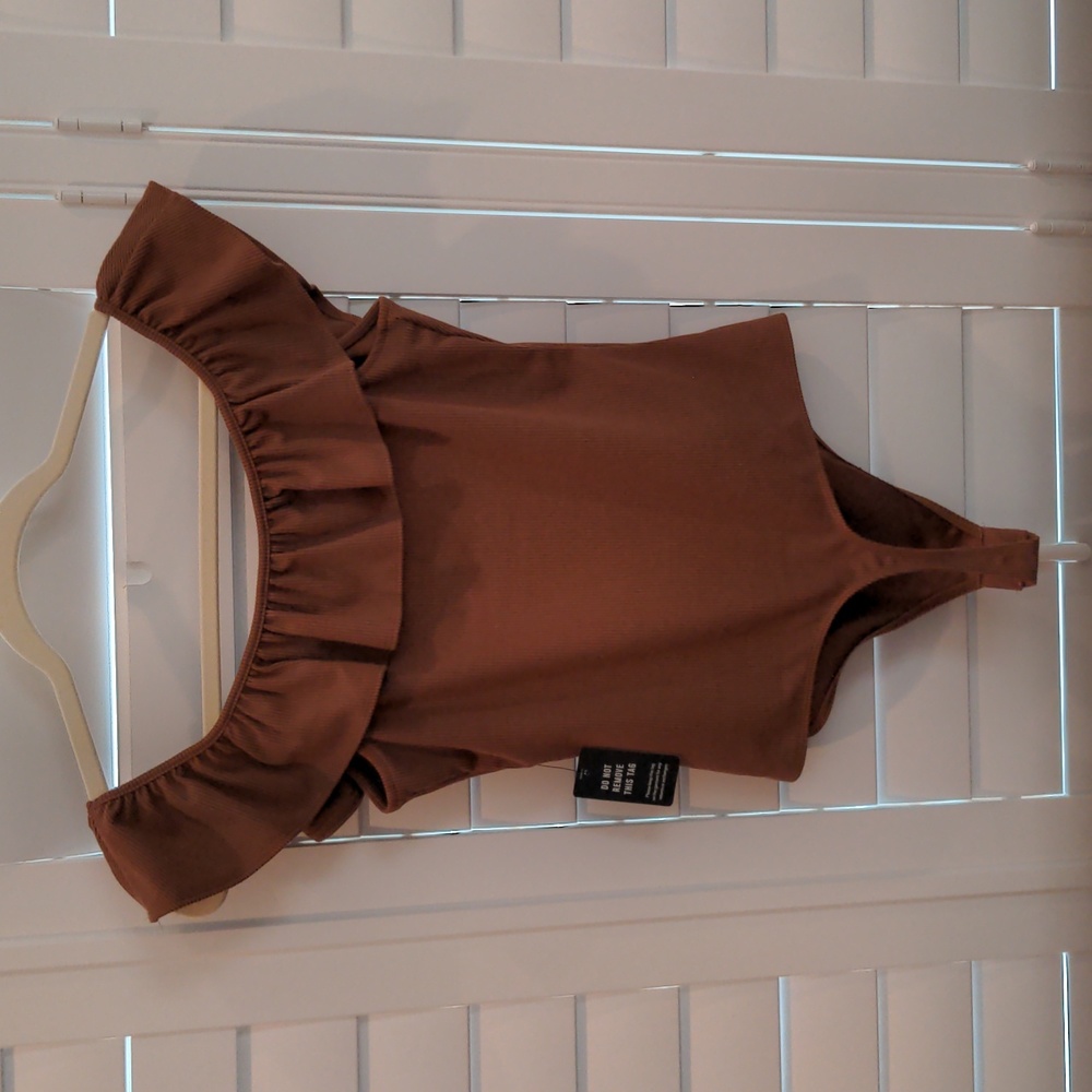 Express Ribbed Ruffled Off the Shoulder Bodysuit - Picture 2 of 8